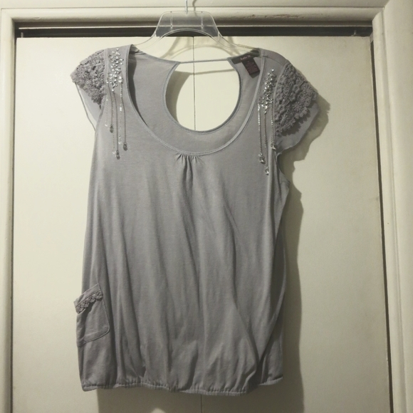 Heather B Grey Top w/  Embellished Sleeves -Medium - Picture 1 of 8